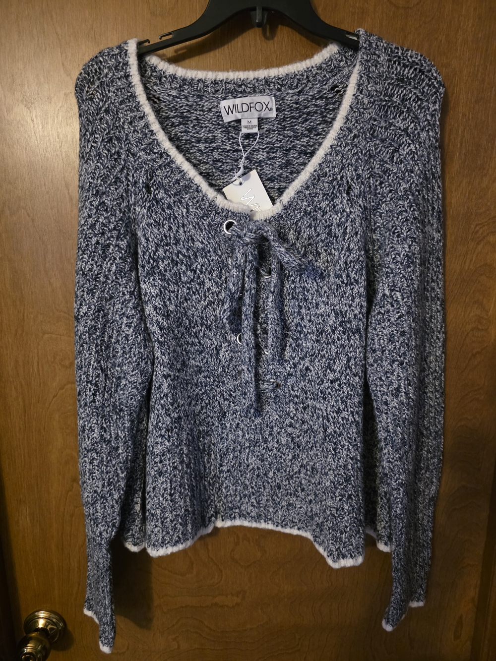 WILDFOX Navy Marled Lace-Up V-Neck Sweater